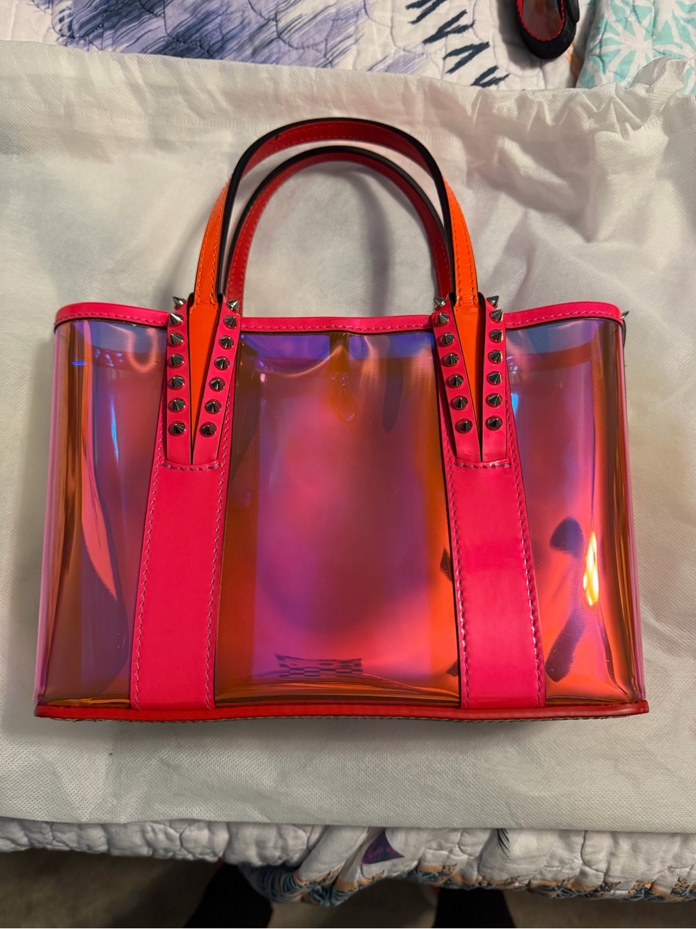 Christian Louboutin Iridescent Pink and Orange Tote with Studded Trim - Picture 2 of 14